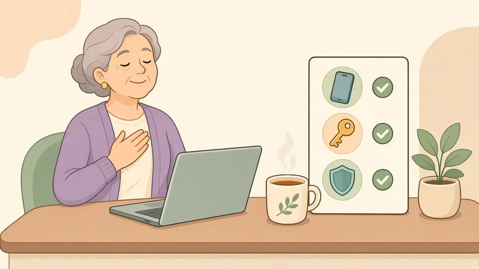 An older woman takes a calm breath at her laptop next to a three-step checklist: phone, password, security