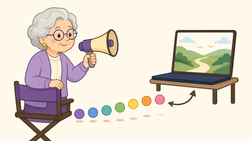 A woman with a megaphone directs a laptop like a film director, with stepping stones and a loop back to refine