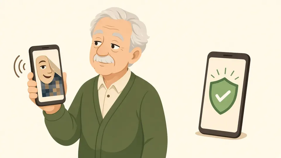 An older man holds a video call whose face is peeling away to pixels, and a second phone with a green shield shows him calling back on a trusted number