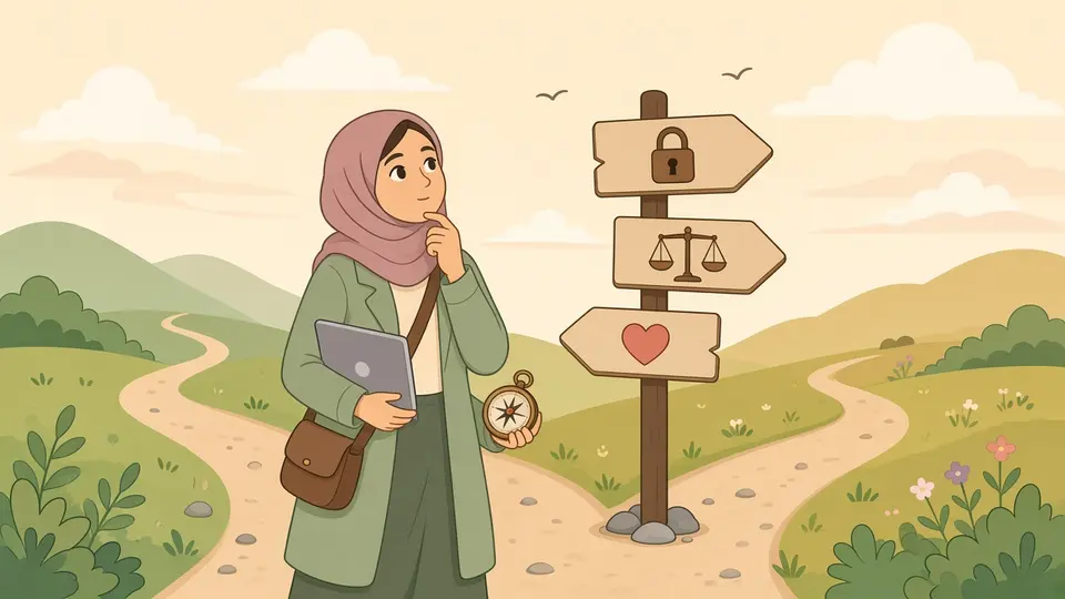 A woman at a signpost with a padlock, a balance scale and a heart chooses her path, a compass in her hand