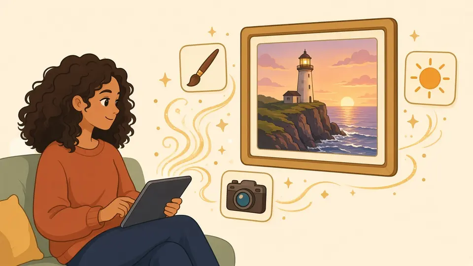 A woman with a tablet creates a picture of a lighthouse at sunset, choosing style, camera angle and lighting