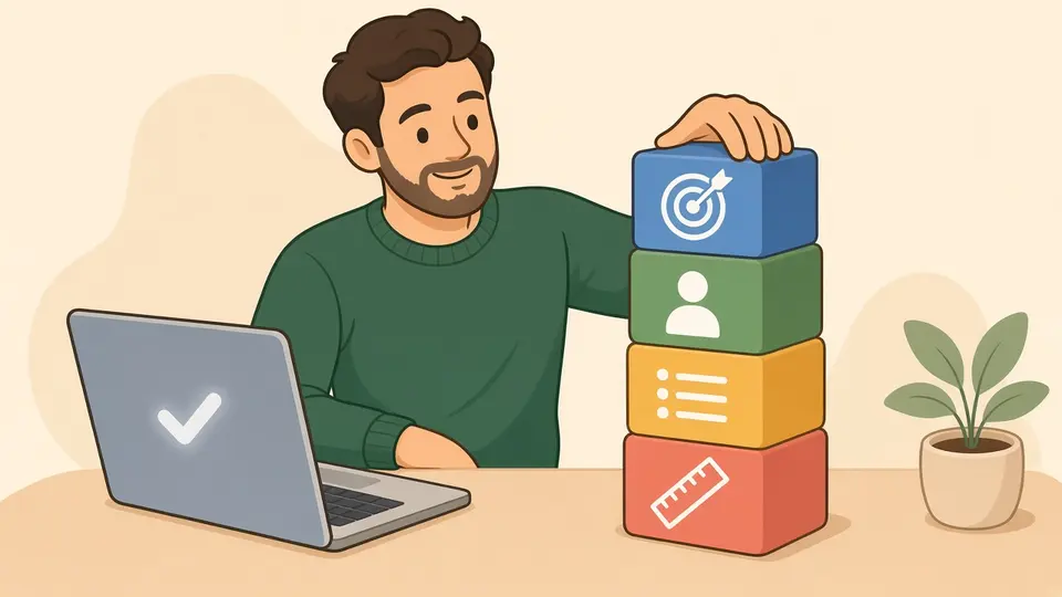 A man stacks four blocks, a target, a person, a list and a ruler, standing for task, audience, format and limits