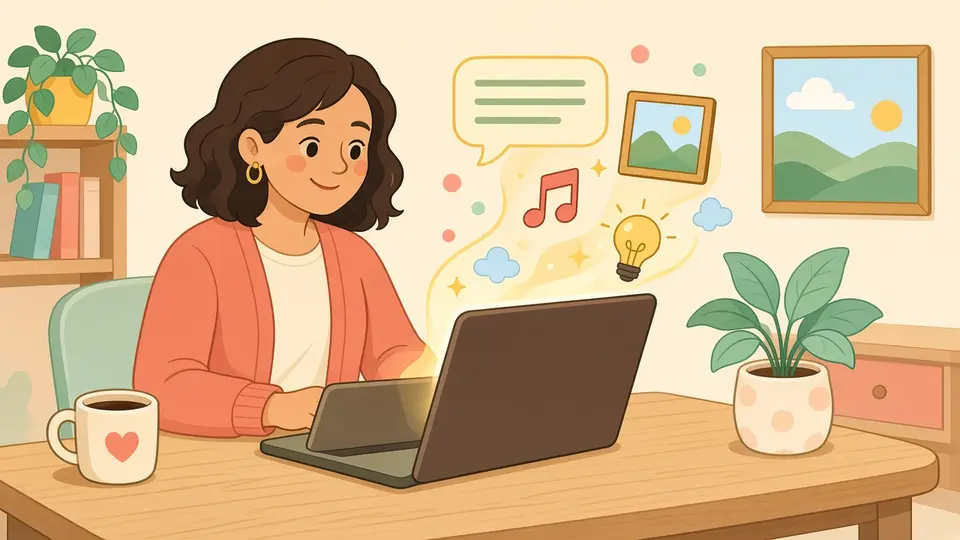 A woman at her laptop watches text, a picture, music and ideas flow out of an AI chat