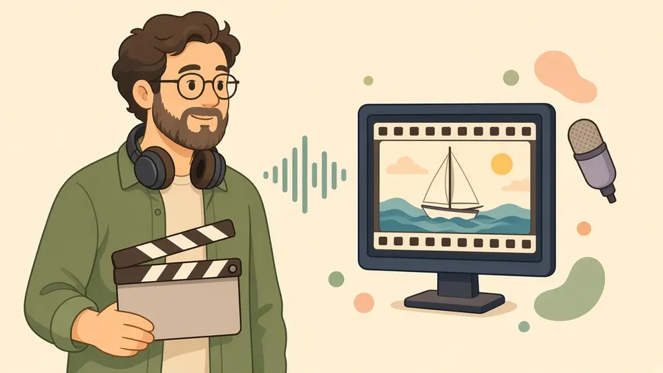A man with a clapperboard and headphones reviews a short AI video of a sailing boat, with a microphone and sound wave nearby