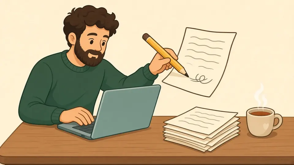 A man edits an AI draft with a pencil, adding his own touches