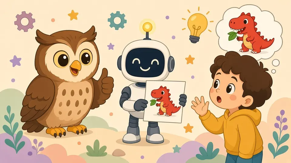 A boy thinks of a red dinosaur eating a leaf and the robot holds up a matching picture, while Ollie gives a thumbs-up