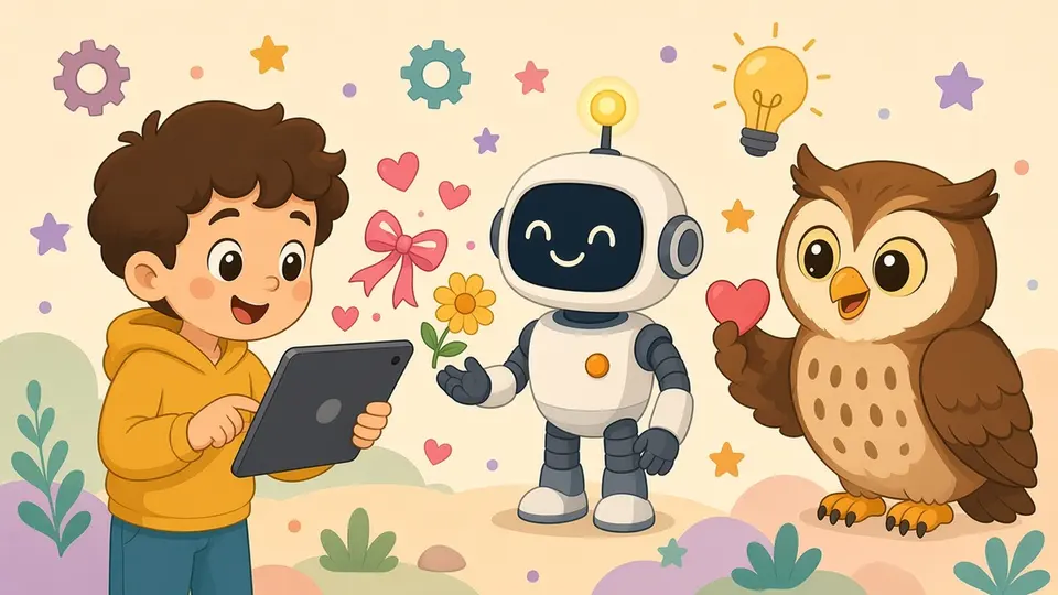A boy types kindly on his tablet and hearts, a bow and a flower float to the smiling robot, while Ollie holds a heart