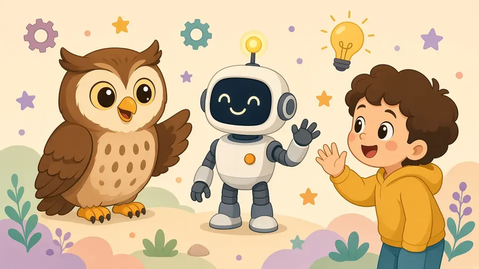 Ollie introduces a friendly little robot to a boy who waves hello