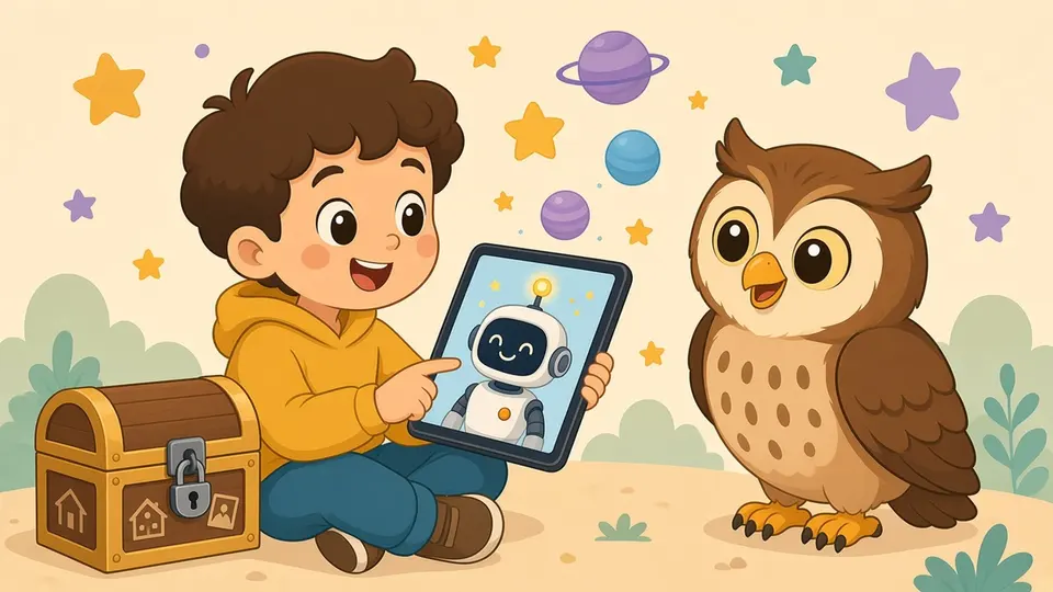 A boy chats with the robot about space while his home, school and photos stay locked in a treasure chest beside him