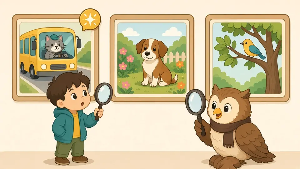 A boy and Ollie look at three pictures with magnifying glasses: a cat driving a bus, a dog in a garden and a bird in a tree