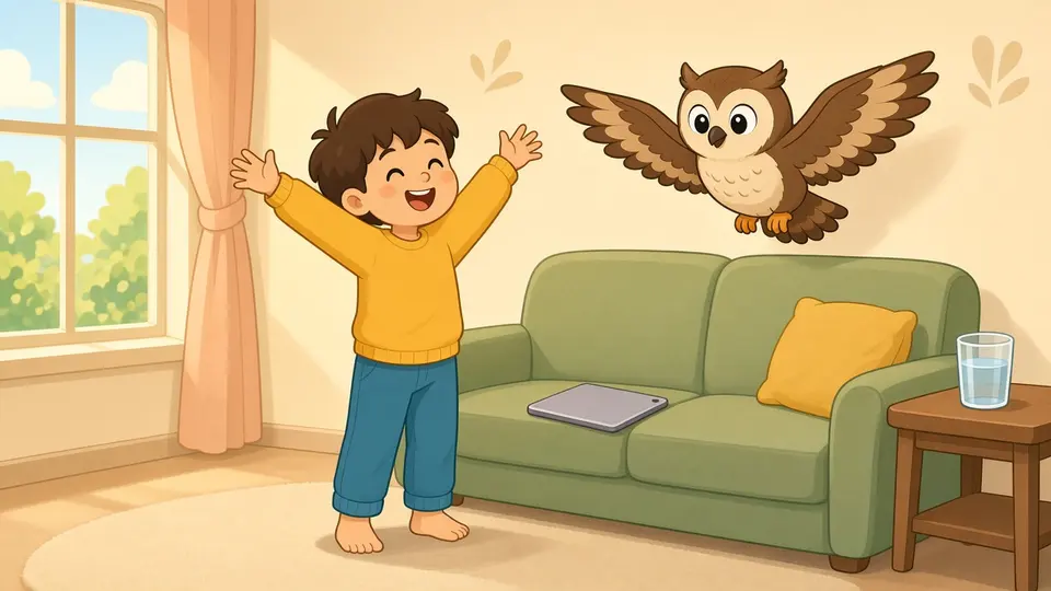 A boy stretches his arms up next to the sofa, his tablet put down and a glass of water ready, while Ollie stretches his wings too