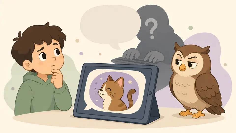 A chat shows a cute cat picture, but a shadowy shape behind the tablet is really typing; the boy and Ollie look unsure