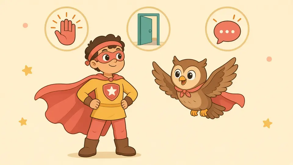A child superhero in a cape stands proudly with Ollie; above them are three signs: a stop hand, a closing door and a speech bubble