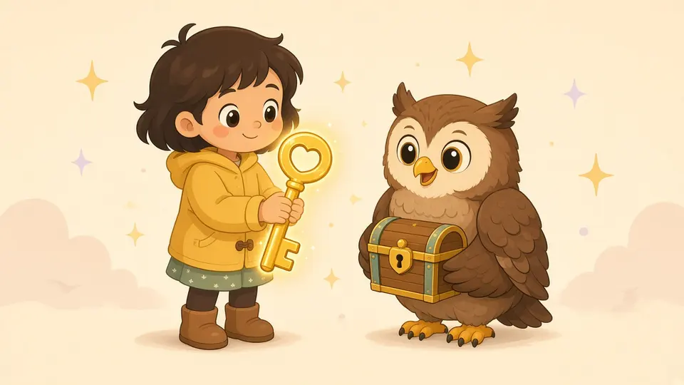 A girl holds a shiny golden key close while Ollie holds a little treasure box with a heart lock