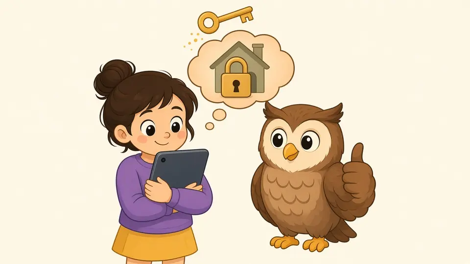 A girl hugs her tablet while Ollie gives a thumbs-up; a key and a locked house float above them, because private things stay private