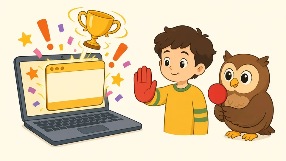A laptop pop-up bursts with a trophy and confetti; the boy holds up a stop hand and Ollie holds a stop sign